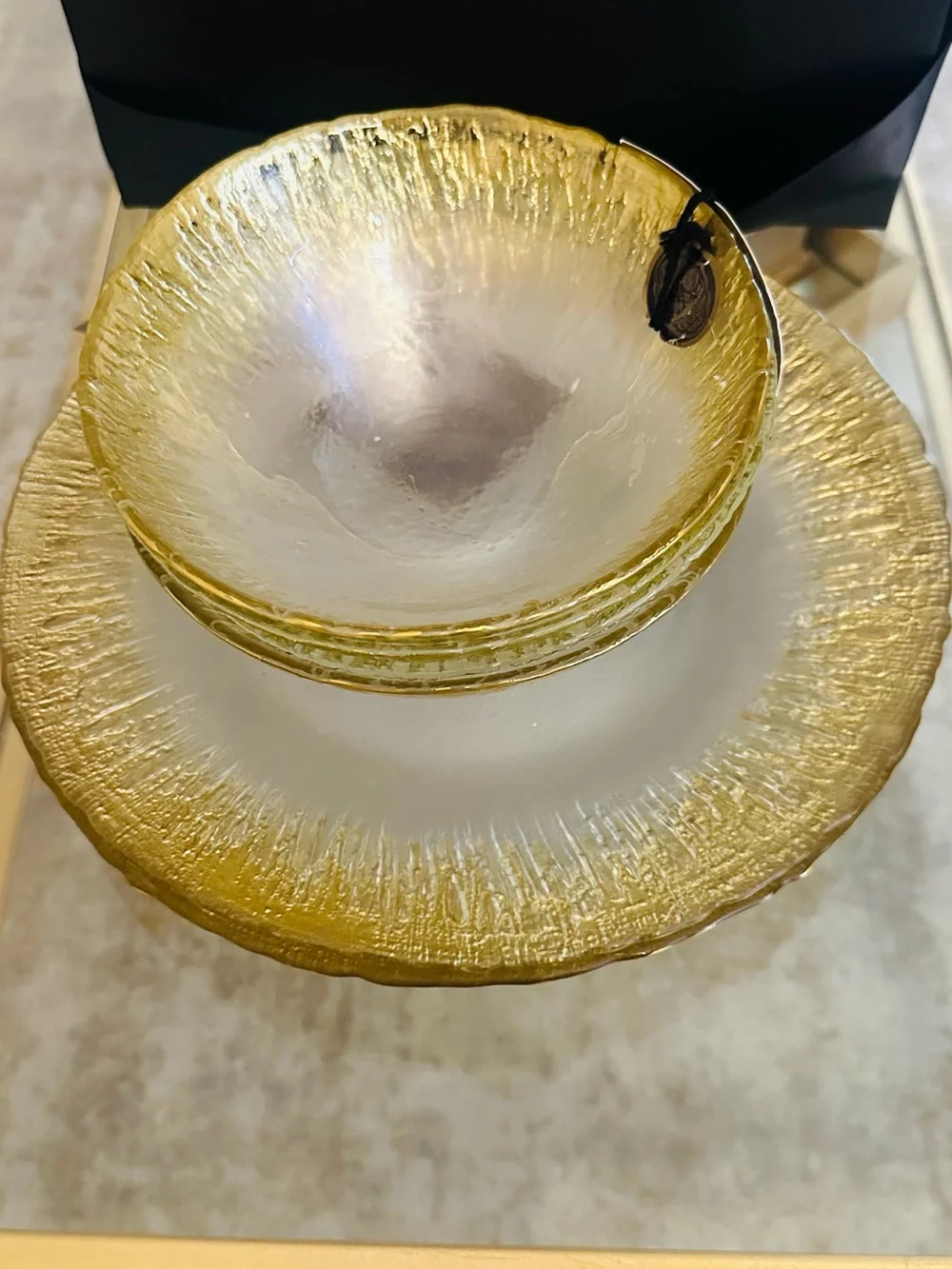 Nordstrom Frosted Glass Bowl and Plate Set with Gold Trim
